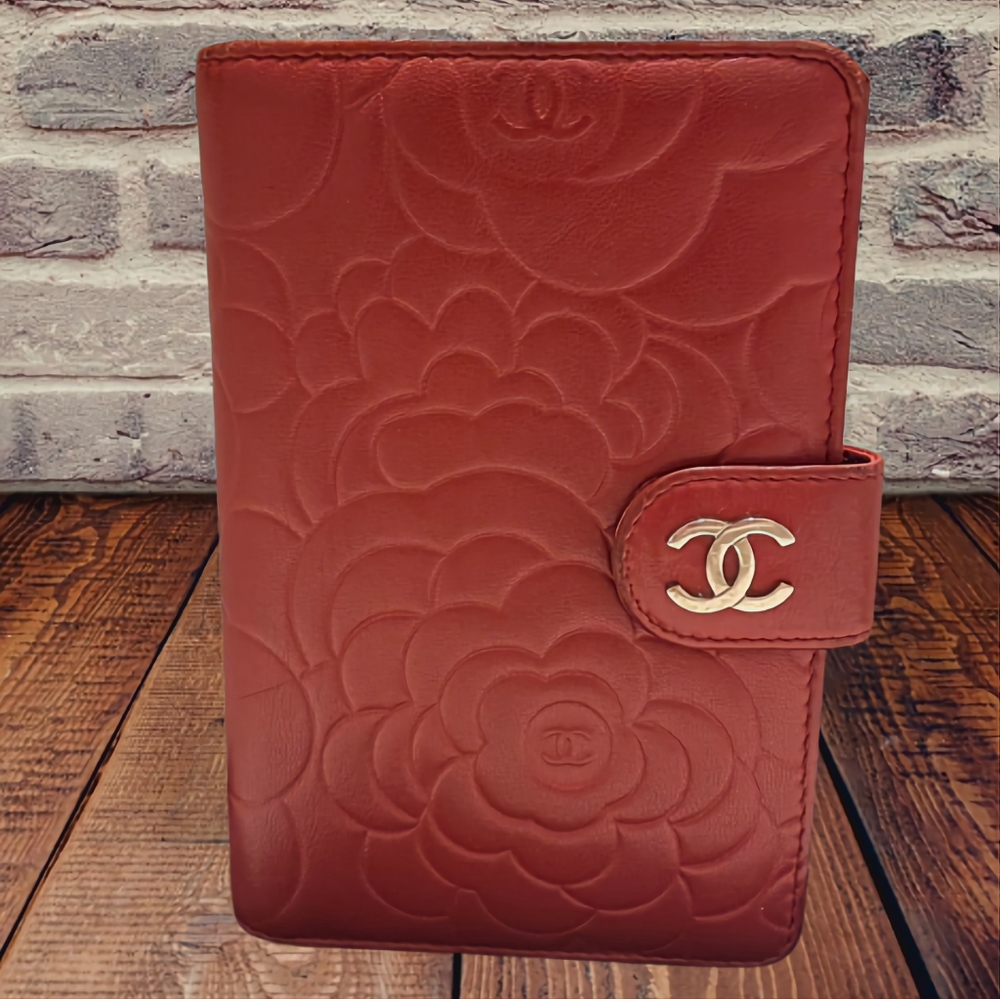 Chanel Red Lambskin Leather Camellia Embossed Zip Wallet